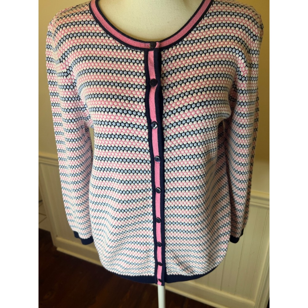 Talbots Pink Navy Blue Textured Honeycomb Knit Button Front Cardigan  Crew NeckL